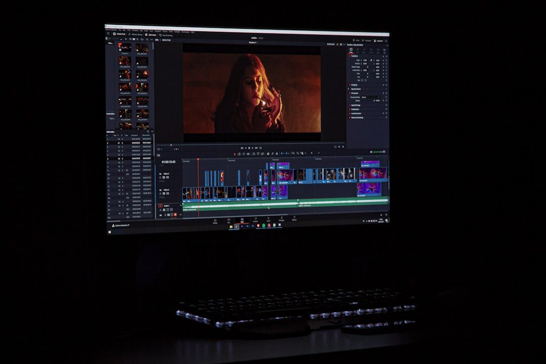 Close-up of a video editing timeline with clips and waveforms on a computer screen