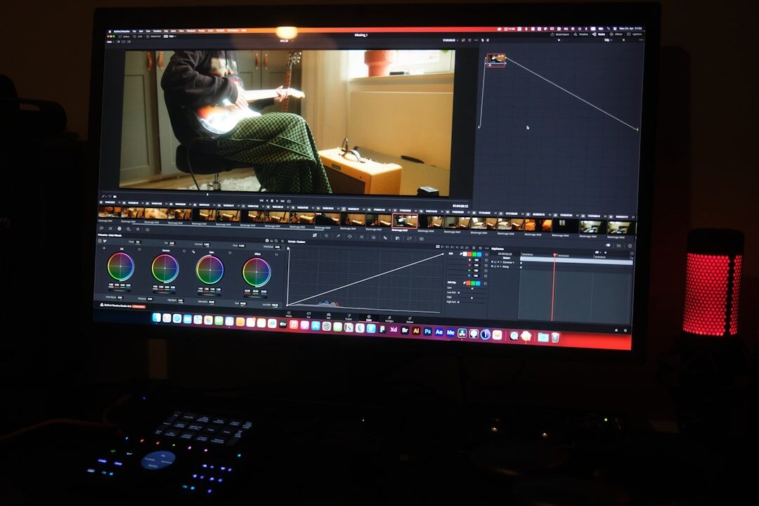 Colourist working at a colour grading suite with reference monitor showing graded footage