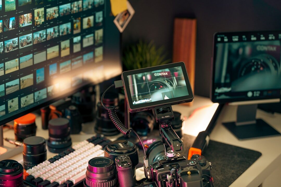 Video editor working at a multi-monitor editing workstation in a dark studio